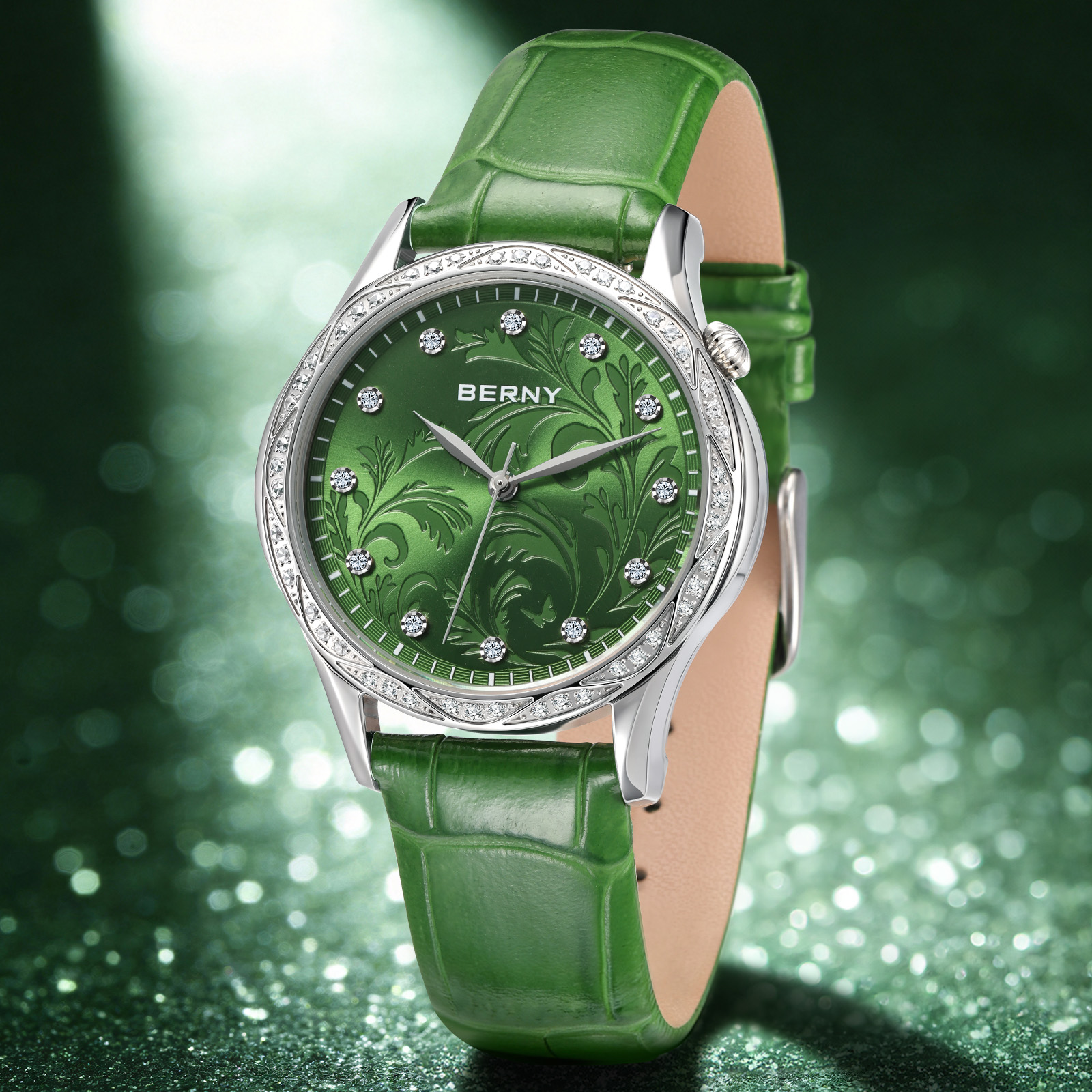 Luxury Watch With Green Dial - BERNY Women‘s Quartz Watch Green Petal
